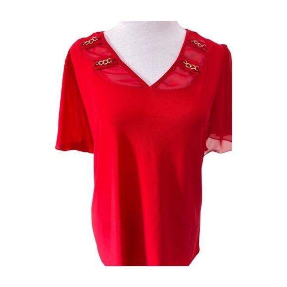 Red Short Sleeve Blouse with Sheer Panels and Sleeves and Gold Detail-Sz L - Picture 1 of 10